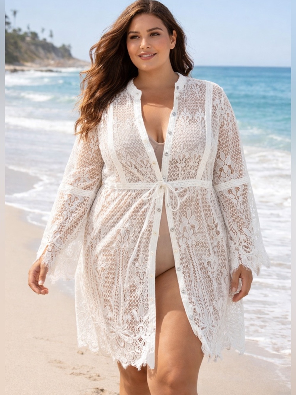 White Lace 3X Swim Cover Up Dress Beach Boho Resort Colleen Lopez Flowy Sleeve